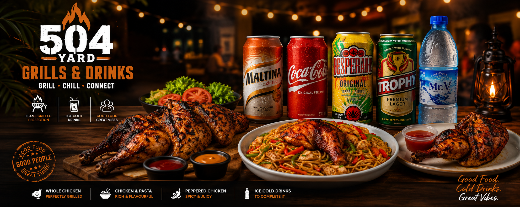 504 Yard Ikeja menu banner with grilled chicken and sides