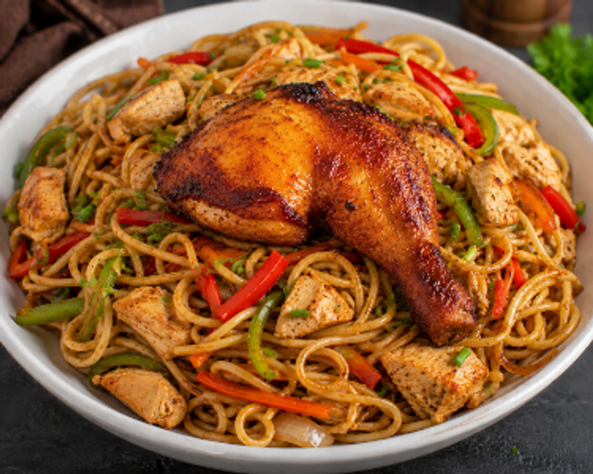 Stir-fry spaghetti with grilled chicken